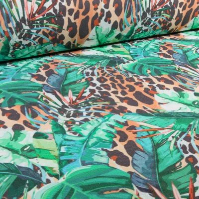 Tissu Toile Polycoton Grande largeur Palm and léo sur fond Naturel - Par 10 cm
