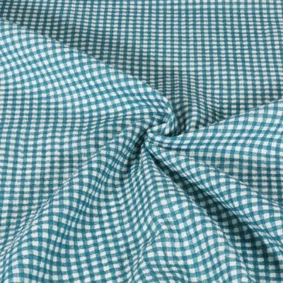 Tissu Double gaze de Coton Vichy bleu canard sur fond Blanc - Par 10 cm