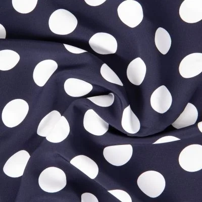 Tissu Crêpe léger Grand pois Blancs sur fond Bleu marine - Par 10 cm
