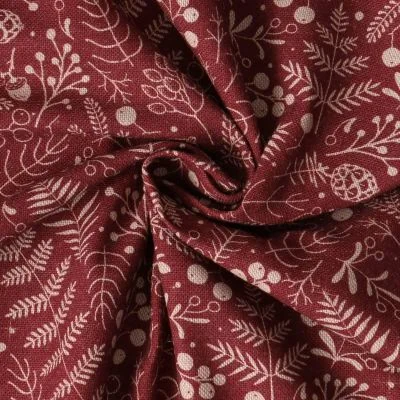 Tissu Toile de Coton  Céleste végétaux d&#039;hiver sur fond Bordeaux - Par 10 cm