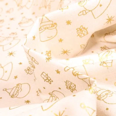 Tissu Coton imprimé Bio Peres noël dorés sur fond Blanc cassé - Par 10 cm