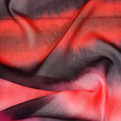 Tissu Mousseline rayé rouge et rose sur fond Noir - Par 10 cm