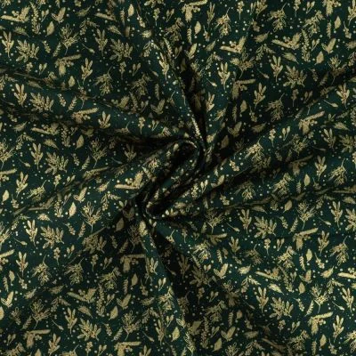 Tissu Coton imprimé motifs de Noël dorés sur fond Vert sapin - Par 10 cm