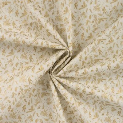 Tissu Coton imprimé motifs de Noël dorés sur fond Ecru - Par 10 cm