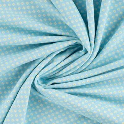 Tissus Jersey Coton imprimé Petites fleurs blanches et jaunes sur fond Bleu turquoise - Par 10 cm