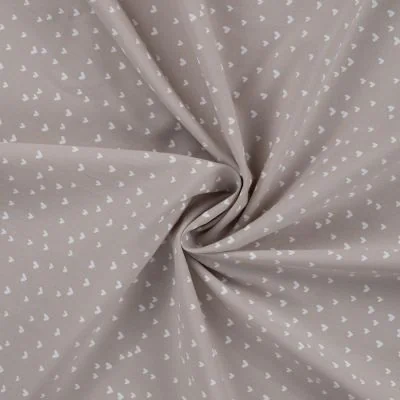 Tissu Popeline de  Coton  cœurs blancs Zivy sur fond Taupe - Par 10 cm