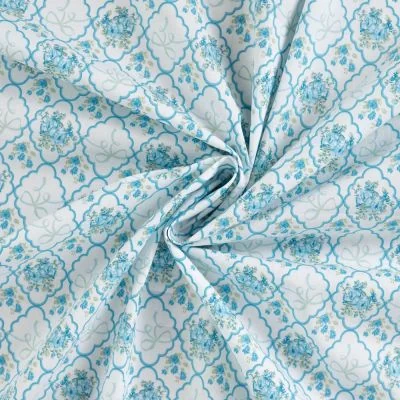 Tissu Coton imprimé Fleuris indien bleu sur fond Blanc - Par 10 cm
