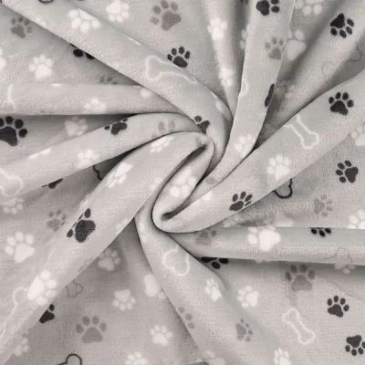 Tissu Doudou imprimé Patte de chien et os sur fond Gris clair - Par 10 cm