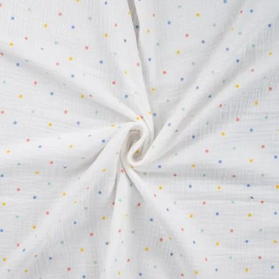 Tissu Double gaze de Coton Petits pois jaunes et bleus sur fond Blanc - Par 10 cm