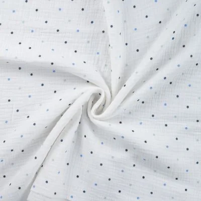 Tissu Double gaze de Coton Petits pois bleus sur fond Blanc - Par 10 cm