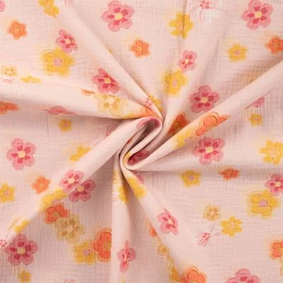 Tissu Double gaze de Coton Digital Fleurs jaunes et roses sur fond Saumon - Par 10 cm