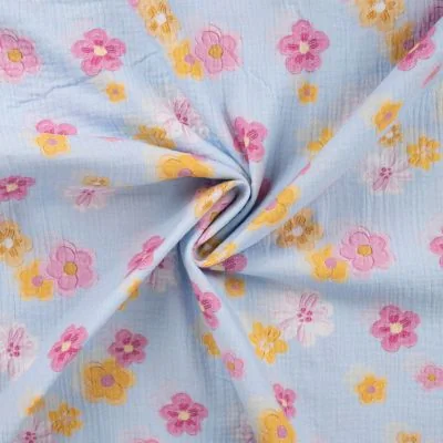 Tissu Double gaze de Coton Digital Fleurs roses et jaunes sur fond Bleu ciel - Par 10 cm