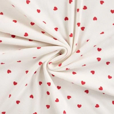 Tissu Jersey Coton Bord côte Coeurs rouges sur fond Ecru - Par 10 cm