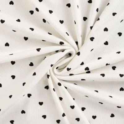 Tissu Jersey Coton Bord côte Coeurs noirs sur fond Ecru - Par 10 cm