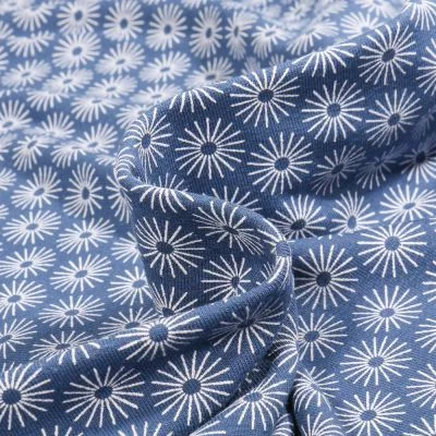 Tissu Jersey Coton Camille Soleils sur fond Bleu denim - Par 10 cm