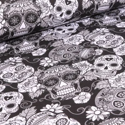 Tissu Jersey Coton Tête de morts et rose sur fond Noir - Par 10 cm