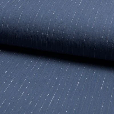 Tissu Crépon Viscose rayures lurex Bleu denim - Par 10 cm