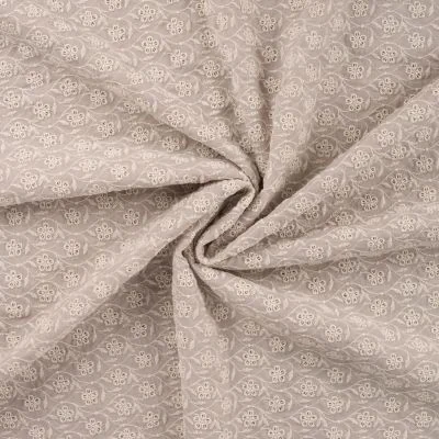 Tissu Gaze de Coton Fleurs brodées sur fond Beige sable - Par 10 cm