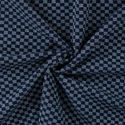 Tissu Jean Coton Carreaux sur fond Bleu foncé - Par 10 cm