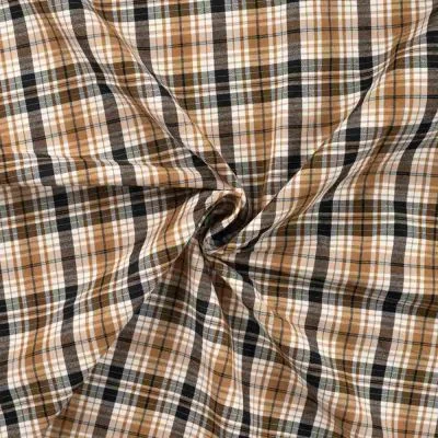 Tissu Bengaline stretch Joshua carreaux Noirs et Camel sur fond Blanc - Par 10 cm