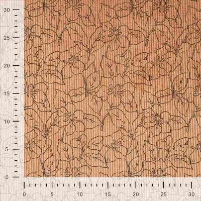 Tissu Velours Côtelé lavé  Éléane fleurs Noires sur fond Camel - Par 10 cm