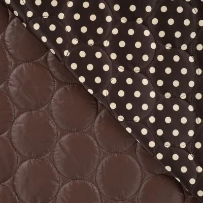 Tissu Doudoune matelassé Betty réversible petits pois Blanc sur fond Marron chocolat - Par 10 cm