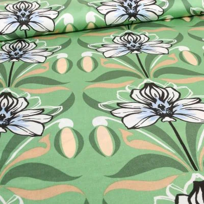 Tissu Viscose satiné Fleur de Lys sur fond Vert menthe - Par 10 cm