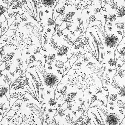 Tissu Toile Savoie enduit fleurs noires Herbia sur fond Blanc - Par 10 cm