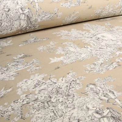 Tissu Toile de Jouy Grande largeur Au fil du temps Beige sable - Par 10 cm