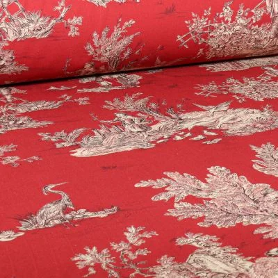 Tissu Toile de Jouy Grande largeur Au fil du temps sur fond Rouge - Par 10 cm