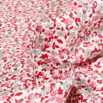 Tissu Coton enduit Léonie gris et rouge sur fond Blanc cassé - Par 10 cm