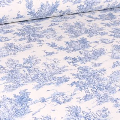 Tissu Coton imprimé grande largeur Jouy bleu sur fond Blanc cassé - Par 10 cm