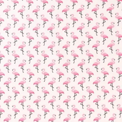 Tissu Coton Enduit Flamants roses sur fond Ecru - Par 10 cm