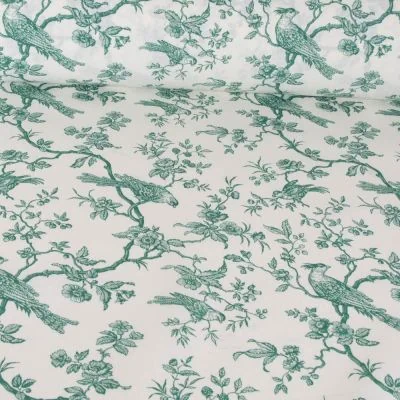 Tissu Coton imprimé aspect toile Mesange Vert sur fond Blanc - Par 10 cm