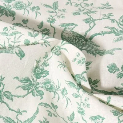 Tissu Coton imprimé Inspiration Jouy bird vert sur fond Ecru - Par 10 cm