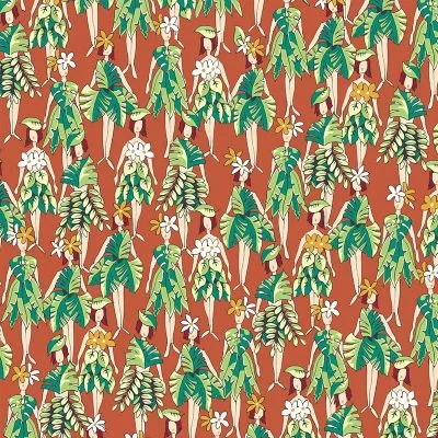 Tissu Coton imprimé Vahinés sur fond Terracotta - Par 10 cm