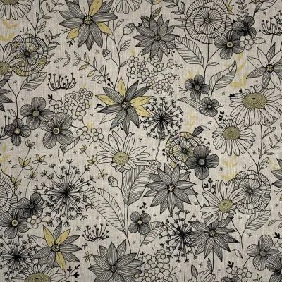 Tissu Toile de Coton Fleurs noires blanches et dorées sur fond Naturel - Par 10 cm