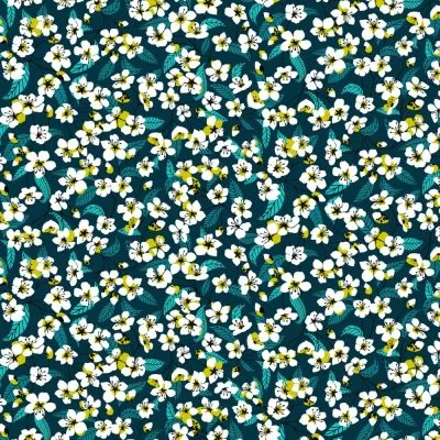 Tissu Coton imprimé Miyu sur fond Bleu pétrole - Par 10 cm
