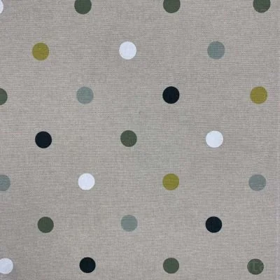 Tissu Toile de Coton enduit Big Pois Vert sur fond Naturel - Par 10 cm