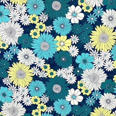 Tissu Coton imprimé Arty Ibiza bleu pétrole sur fond Bleu marine - Par 10 cm
