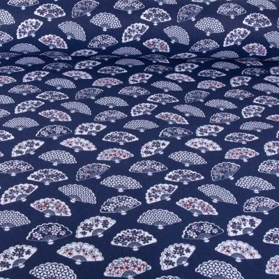 Tissu Coton imprimé Eventails Pekin sur fond Bleu marine - Par 10 cm