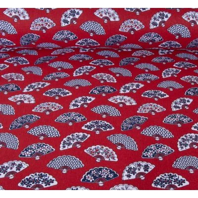 Tissu Coton imprimé Eventails Pekin sur fond Rouge - Par 10 cm