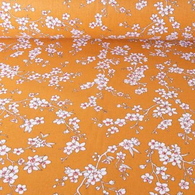 Tissu Coton imprimé Fleur d&#039;amandier sur fond Jaune - Par 10 cm