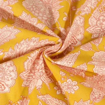 Tissu Coton imprimé Arty Sharma fleuris sur fond Jaune curry - Par 10 cm
