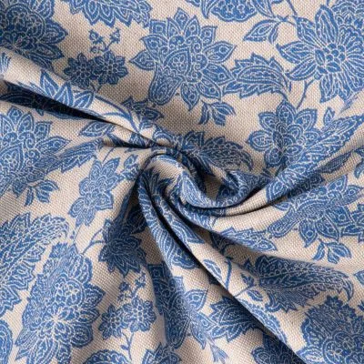 Tissu Toile Polycoton Les indiennes bleues sur fond Naturel - Par 10 cm