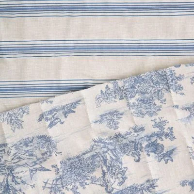 Tissu Coton Matelassé réversible Mathilda rayures Bleu sur fond Blanc cassé - Par 10 cm