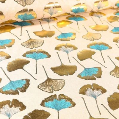 Tissu Toile Coton Feuilles Gingko dorés et bleues sur fond Naturel - Par 10 cm