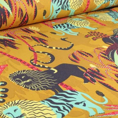 Tissu Toile de Coton Simba sur fond Jaune curry - Par 10 cm