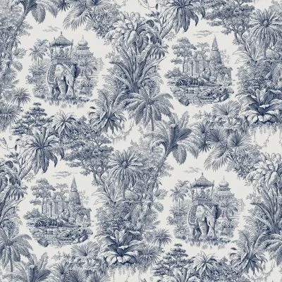 Tissu Coton Lin Jouy Maharani Marine sur fond Lin Naturel - Par 10 cm