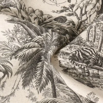 Tissu Coton Lin Jouy Maharani Noir sur fond naturel - Par 10 cm
